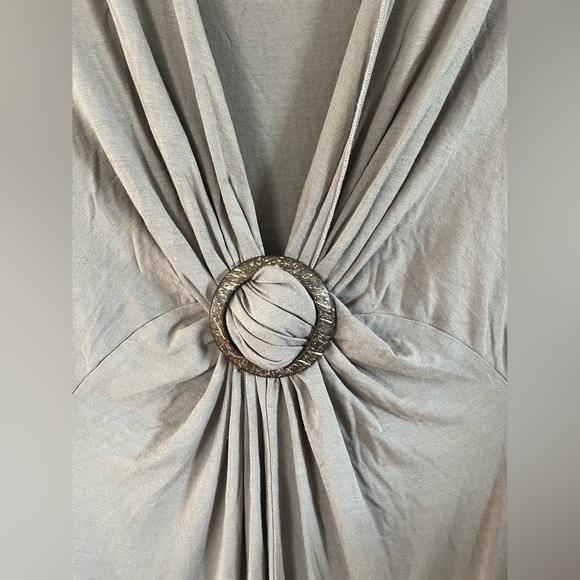 VTG Y2K BCBG taupe V-neck tie twist ruched stretch midi dress sz L boho beach - Picture 3 of 7